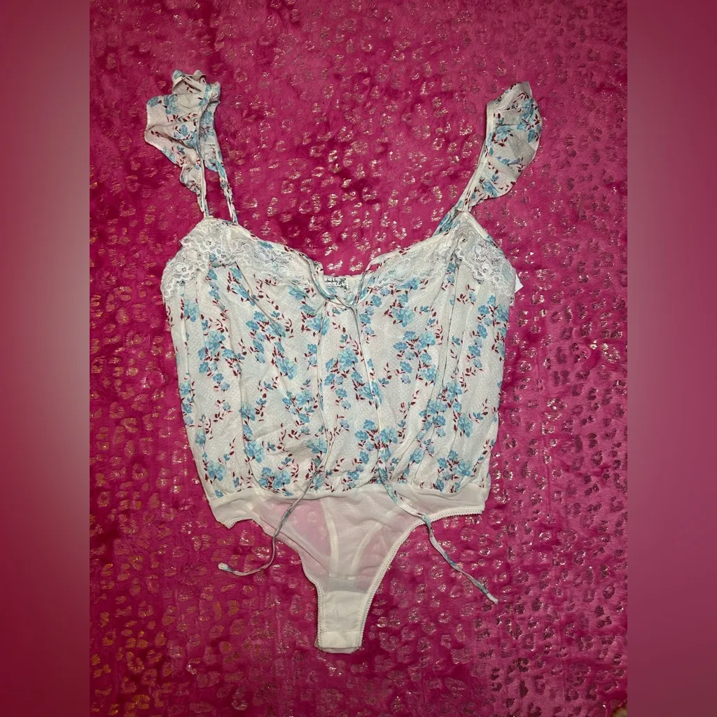 NEW Free People Floral White Ruffle Sleeve Lace Detailed Tank Top Bodysuit Sz S - Image 3