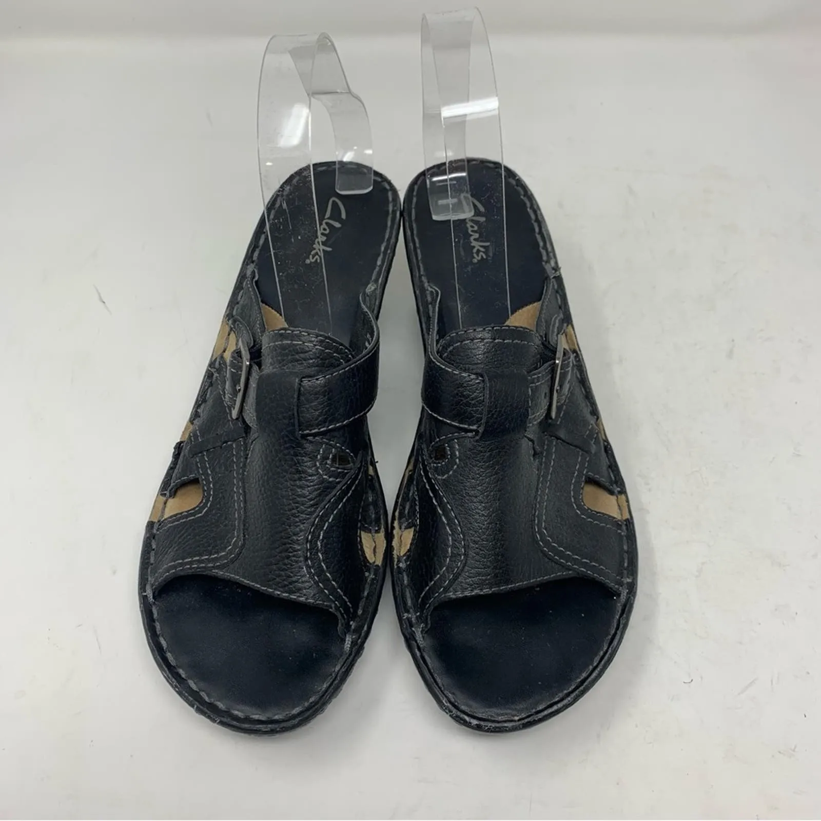 Clarks 81742 Black Leather Open Back Strappy Block Heel Sandals Size 9 - Image 2