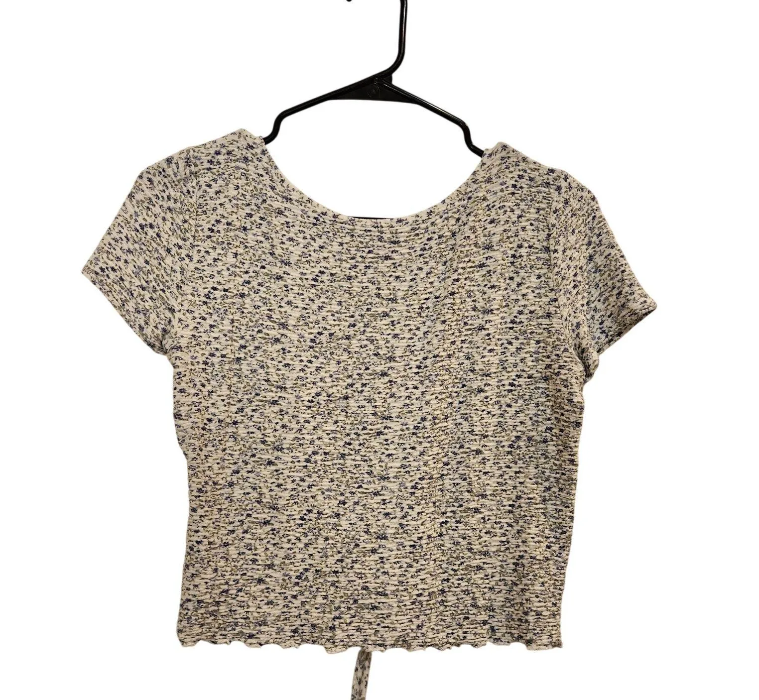 Hollister Blue Floral Rib Knit Short Sleeve Ruched Front Crop Top Chic Medium - Image 2