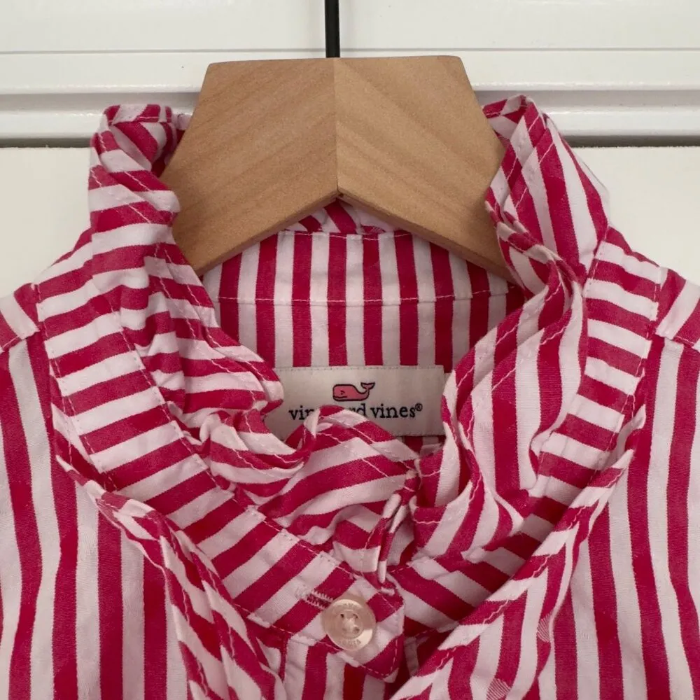 Vineyard Vines 100% Cotton Striped Ruffle Neck Button Down Top Long Sleeve 4 - Image 3