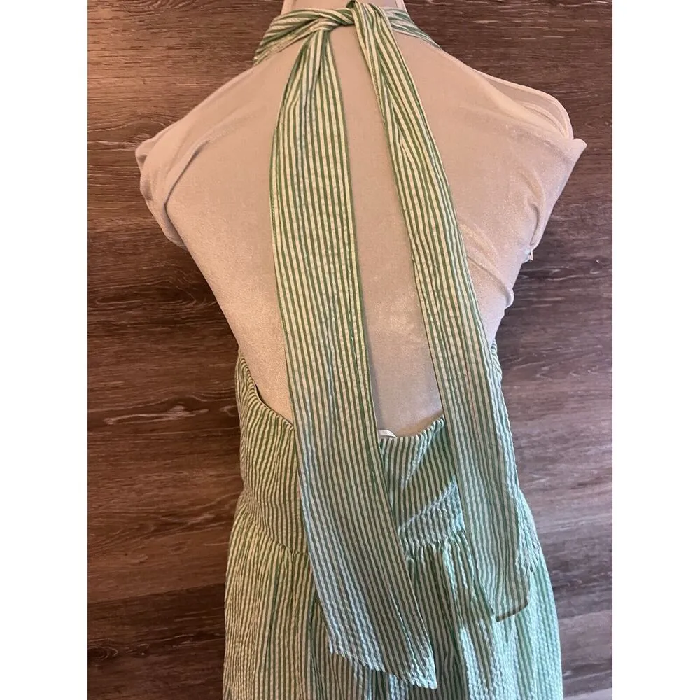 J. Crew Sz 6 Seersucker Stripped Green Open Tie Back Tank Maxi Dress Preppy - Image 10