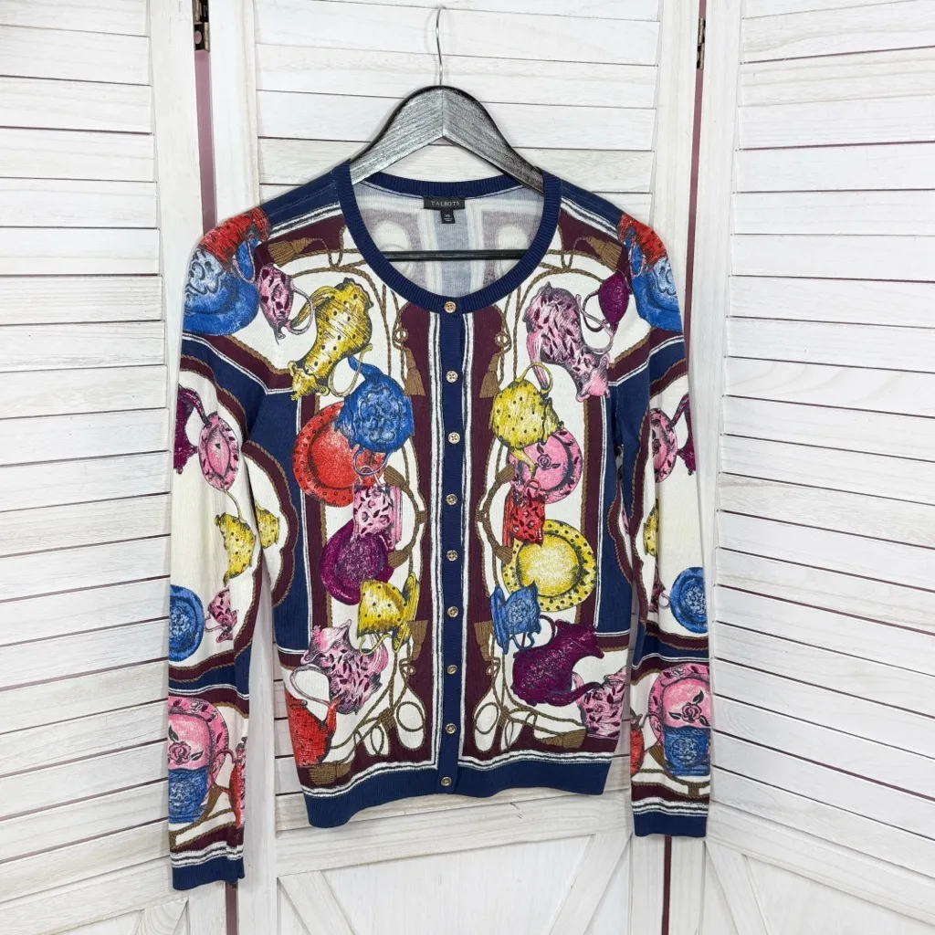 Talbots Tea Party Print Button Up Cardigan Sweater Blue Multi XS - Image 8