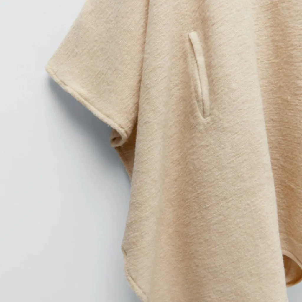 NWT ZARA Bloggers Fave Hooded Poncho Sweater Jacket Pockets Beige Medim Wool - Image 5