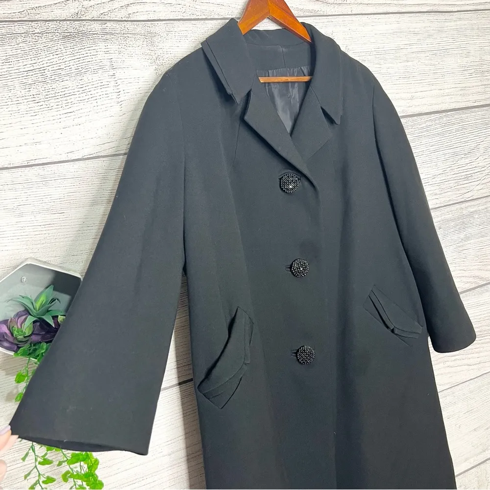 Vintage Black Wool Blend Winter Overcoat with Jeweled Buttons Size XL - Image 6