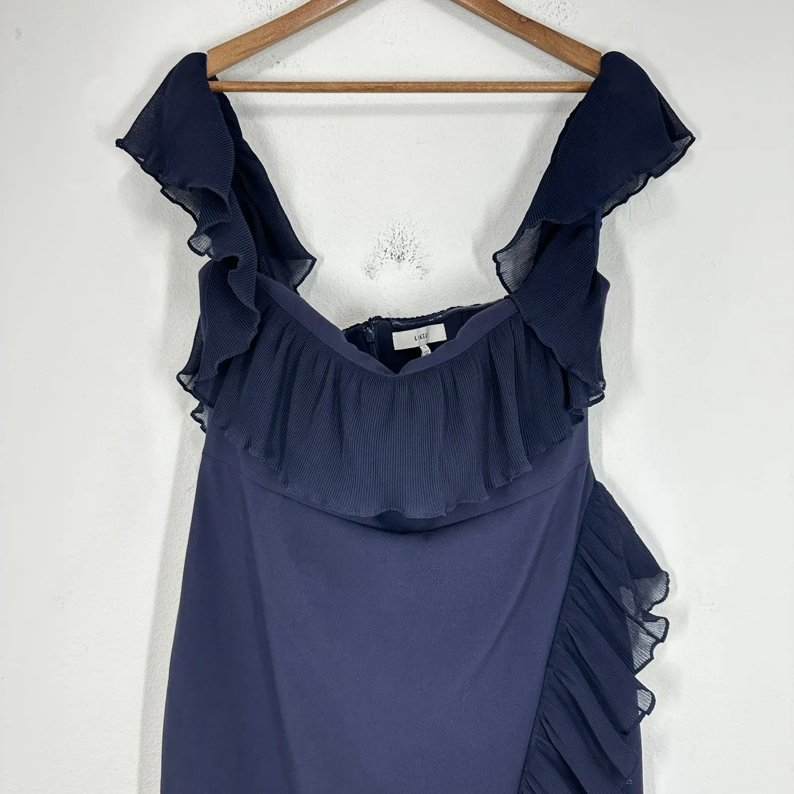Likely Navy Blue Ruffle Off Shoulder Midi Dress Formal Evening Gown Size 12 - Image 5