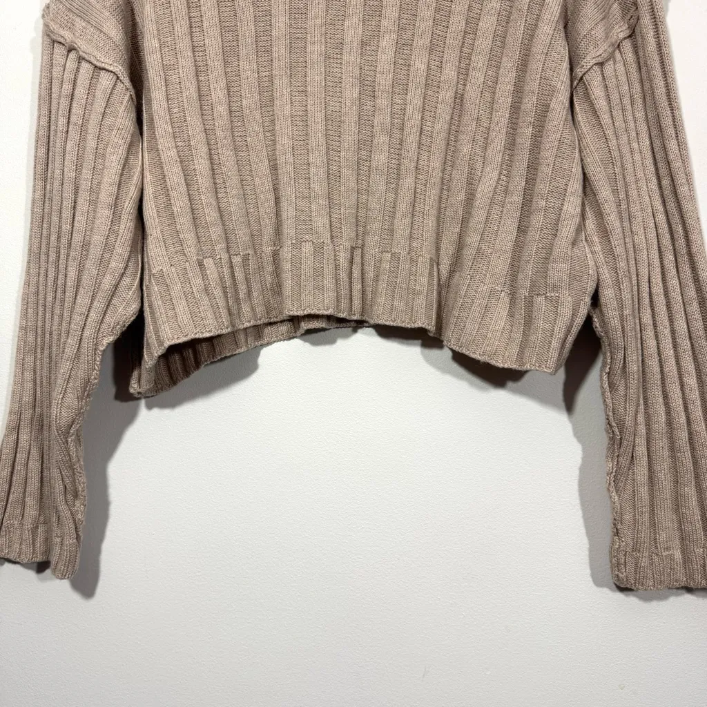 Le Lis Collection Sienna Stand Collar Taupe Tan Ribbed Knit Sweater - Image 3