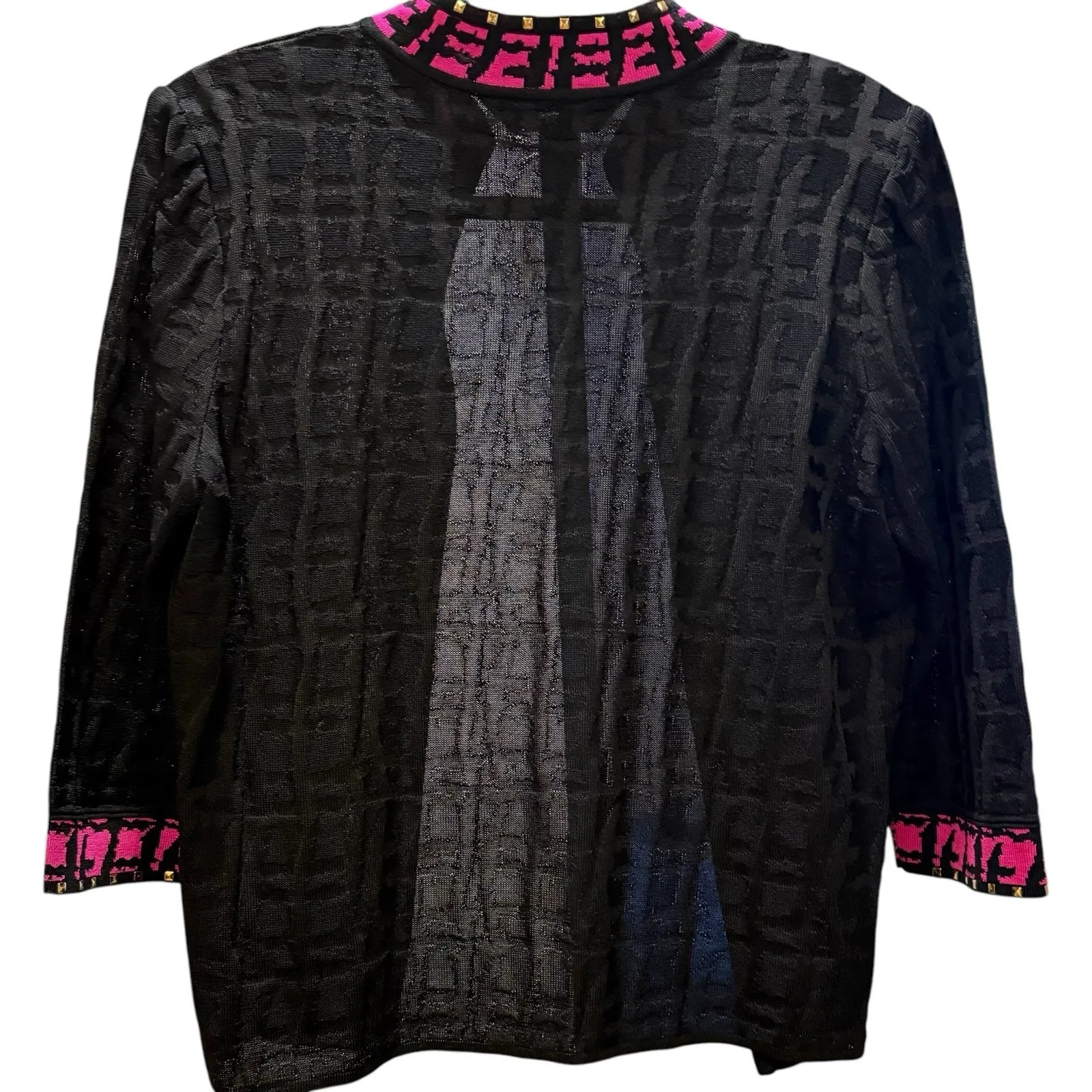 Ming Wang Embellished Jacket Cardigan Knit Sweater Black Pink Open Front Medium - Image 2