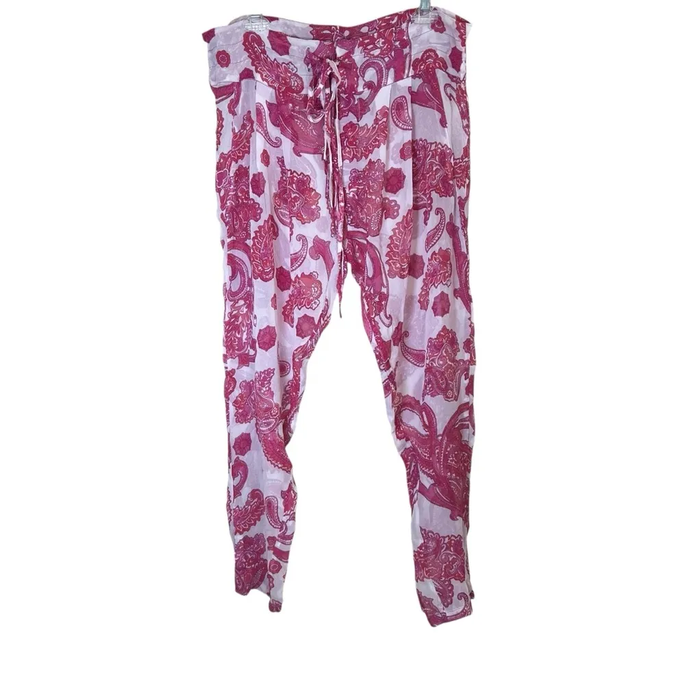 MIKOH Swimwear Pants Cover-up Silk Chiffon Pink Floral Paisley Drawstring Sz Med - Image 7