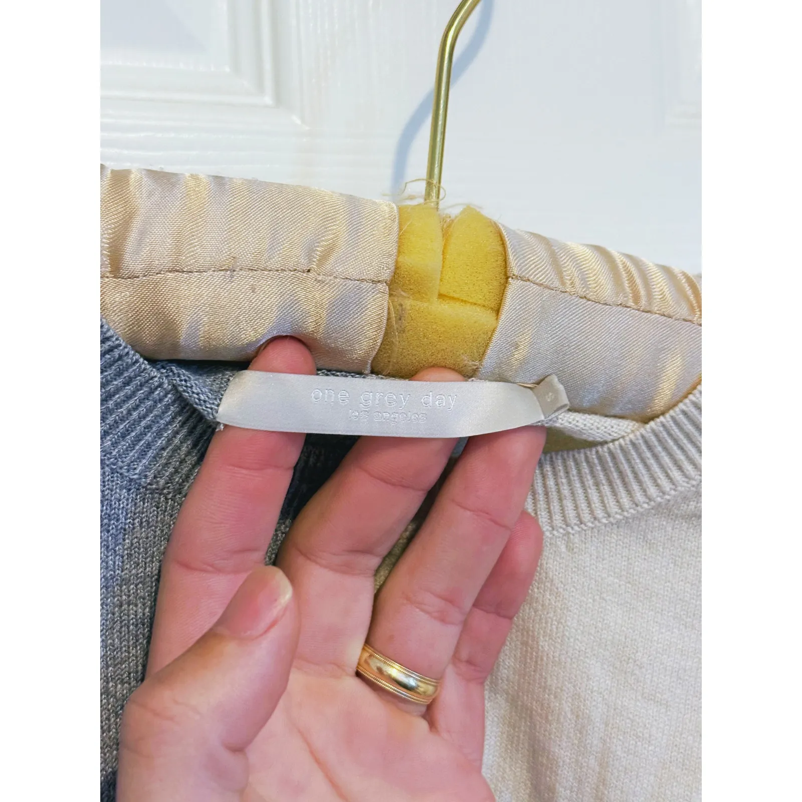 One Grey Day Quiet Luxury Wool Pearl Button Sweater S Two Tone Cream Old Money Gray - Image 6