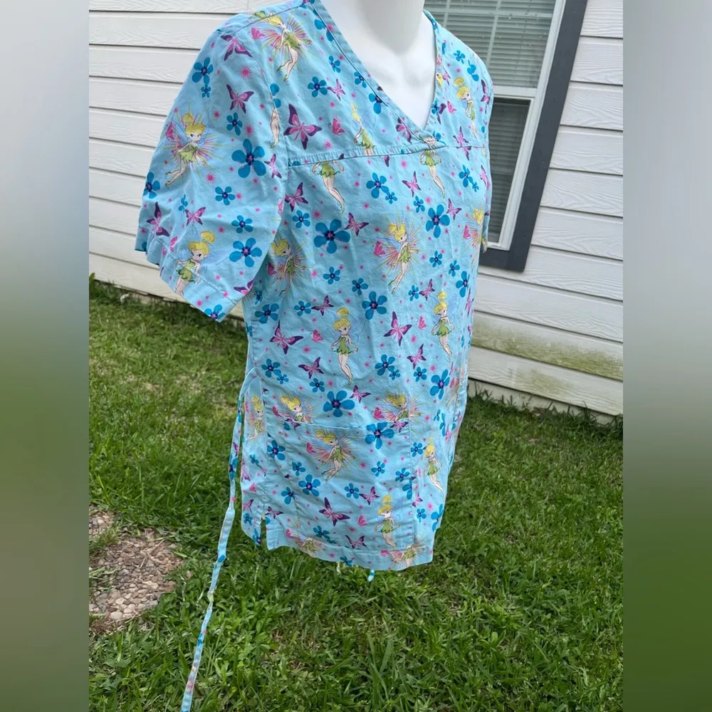 Disney Light Blue Tinkerbell Scrub Top with Floral Accents - Image 2