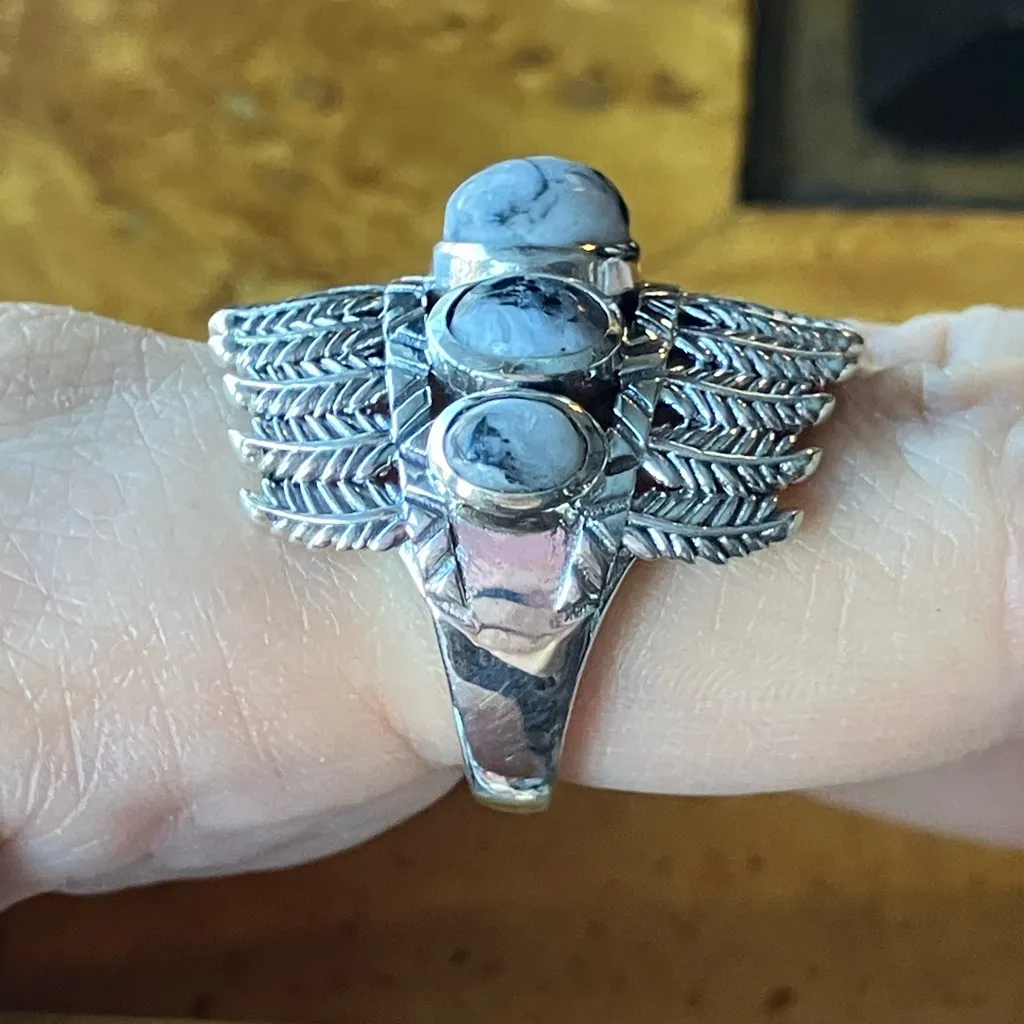 White Buffalo Turquoise Sterling Silver Feather Ring Size 9 Black - Image 3