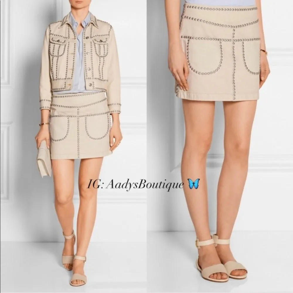 Coach  Studded Mini Skirt Beige Light Denim Nude Size 4, NWT $495.00 - Image 3
