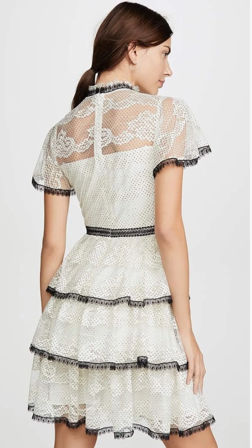 Stacia Lace Tiered Polka Dot Knee Length High Neck Black trim on neck/sleeve/bottom Hidden back zipper A flutter sleeve ballet lace fit-and-flare mini dress with ruffle detail below the waist ivory cream Kentucky Derby mock sheer layer - Image 2