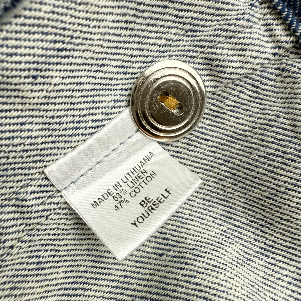 FLAX Linen Blend Denim Jacket Blue Sz S Lightweight Chambray Button Up - Image 10