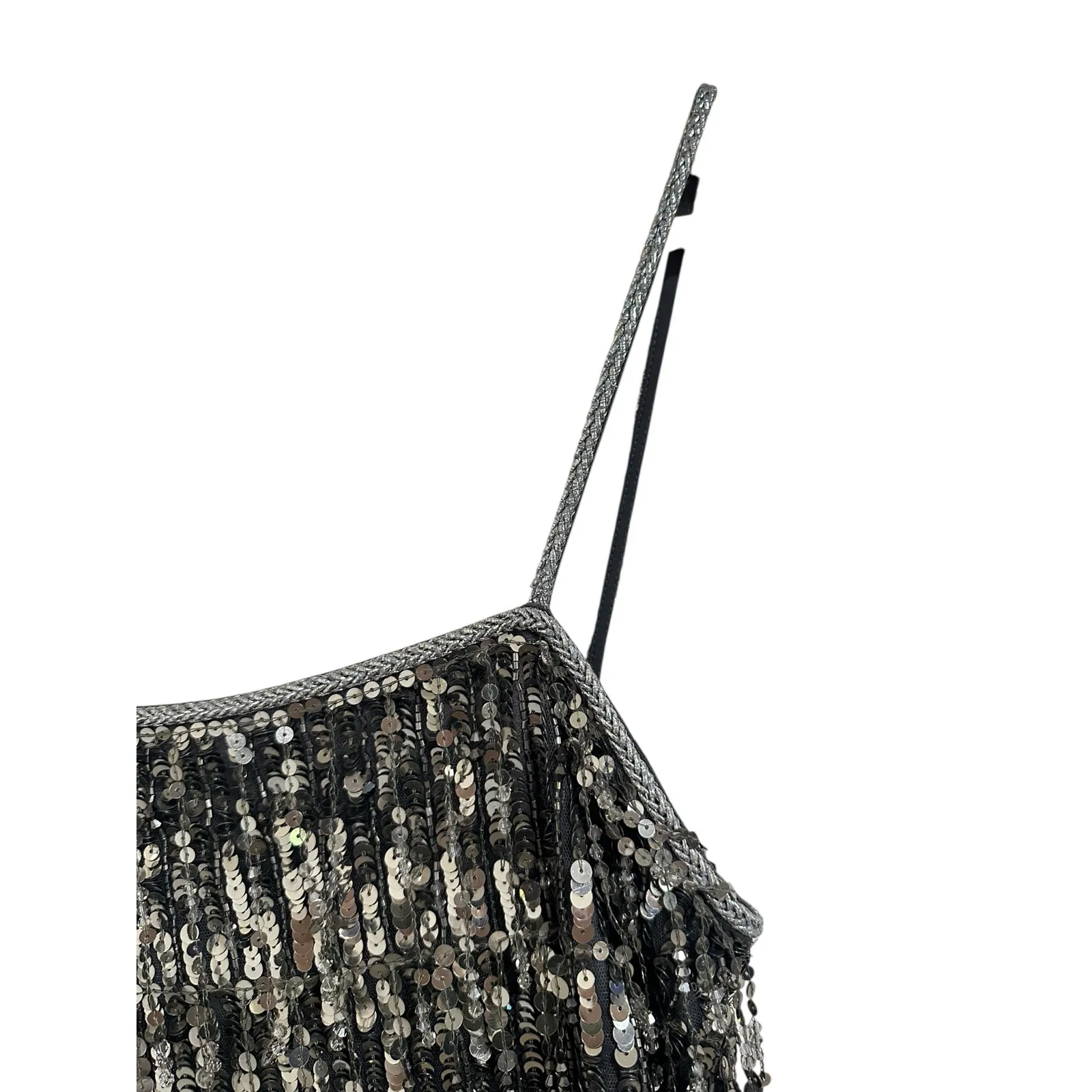 Alice and Olivia Chi Sequined‎ Fringe Top in gunmetal size Small $595 - Image 3