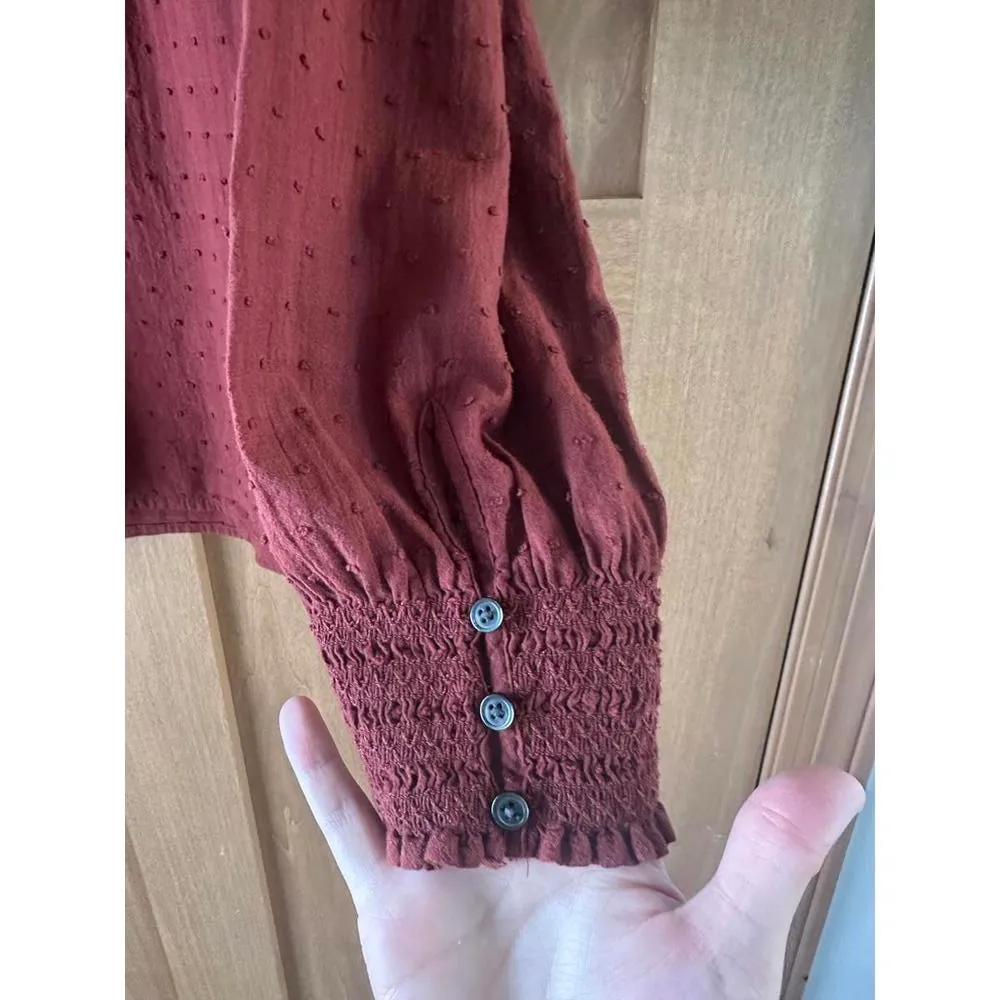 Madewell Burgundy Sheer-Sleeve Mockneck Blouse in Clip Dot Women’s size Medium​ - Image 6