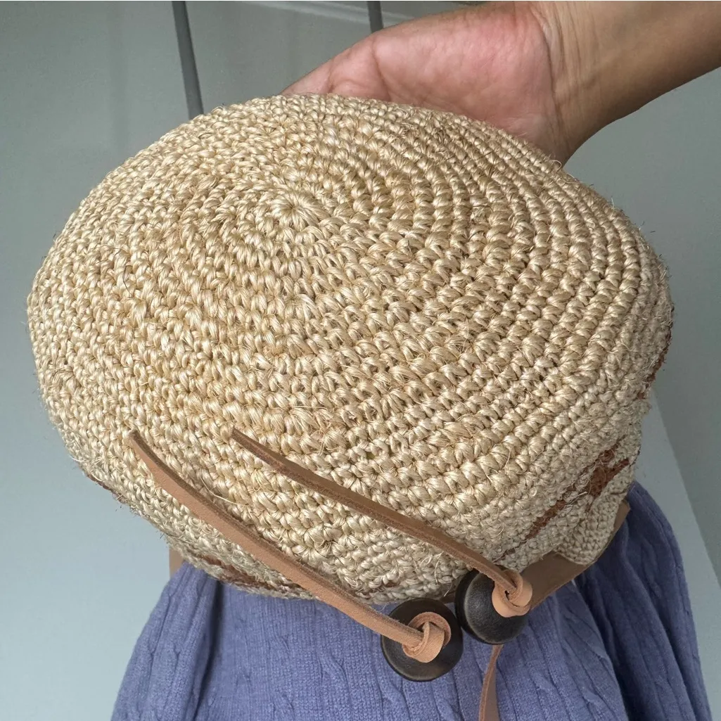 Raffia boho bucket Crossbody bag hand woven, Crochet & Leather Strap Tan - Image 4