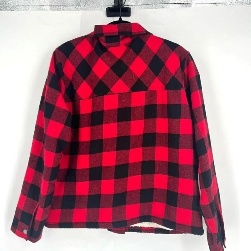 Lucky Brand Women's‎ Sherpa Buffalo Plaid Flannel Shacket Jacket Red Black Large - Image 2