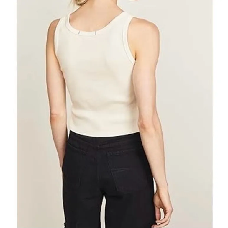 AMO Neutral Ribbed Tank Preppy Boho Quiet Luxury Coastal Western Festival Top S White - Image 3