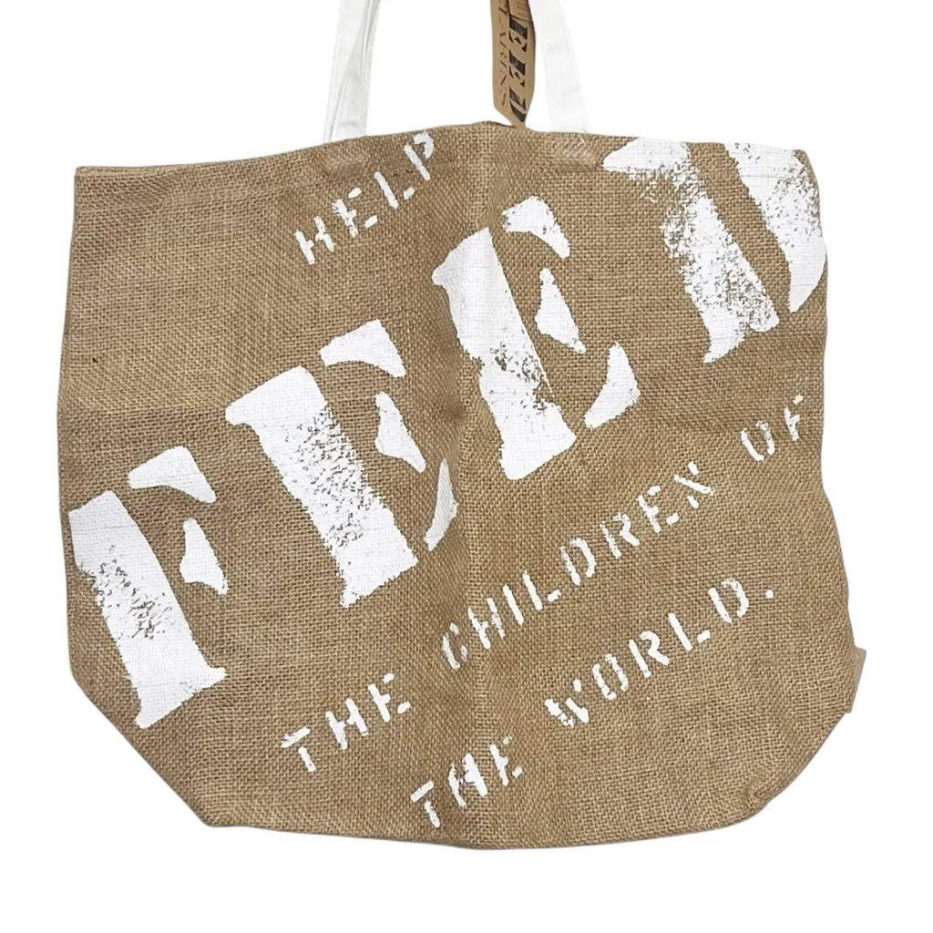 FEED Projects Burlap Tote Bag Natural White Handles Large Reusable Shopping Tan - Image 3