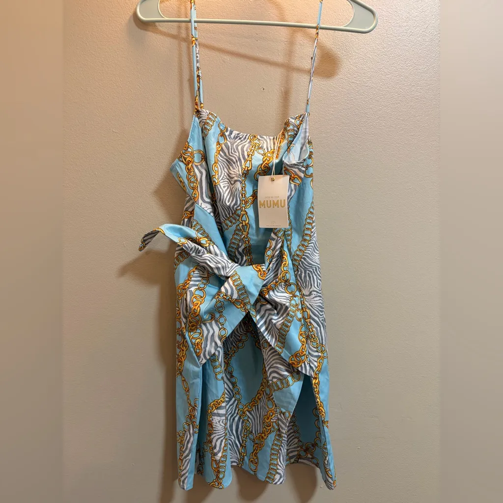 NWT Show Me Your MuMu Blue and Gold Chain Print Dress - Image 4
