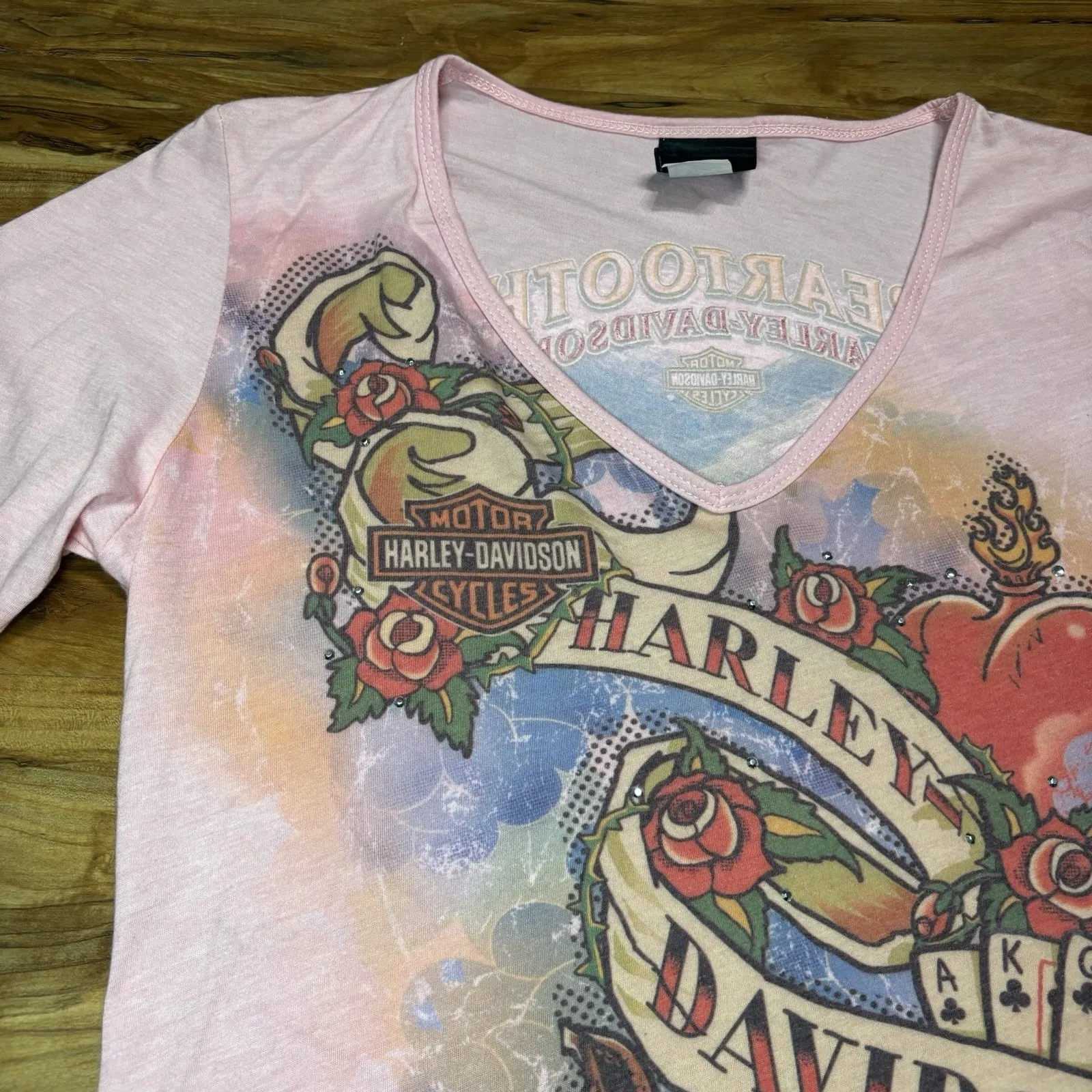 Harley Davidson Women's Large Red Lodge MT Jailhouse Ink‎ Tattoo Sweet Luck Tee Pink - Image 4
