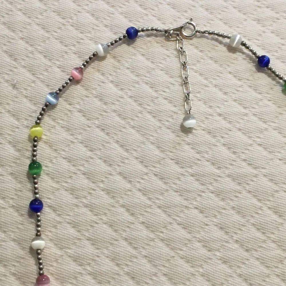 VTG Sterling Silver Multicolor Cats Eye Station Beaded Choker Necklace Extension - Image 10