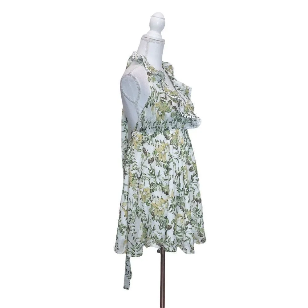 Angel Biba Tropical Leaves Print Halter Mini Dress Sz 12 Backless Open Back - Image 2