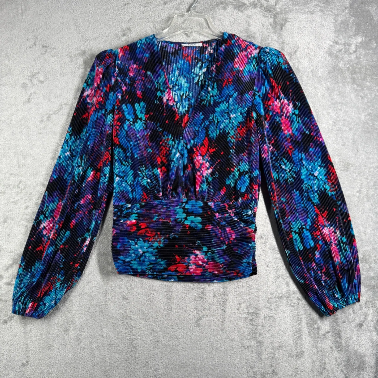 Suzy Shier Shirt Blue Pink Floral Flowers Pleated Crop‎ Blouse Wrap Top Size M - Image 2