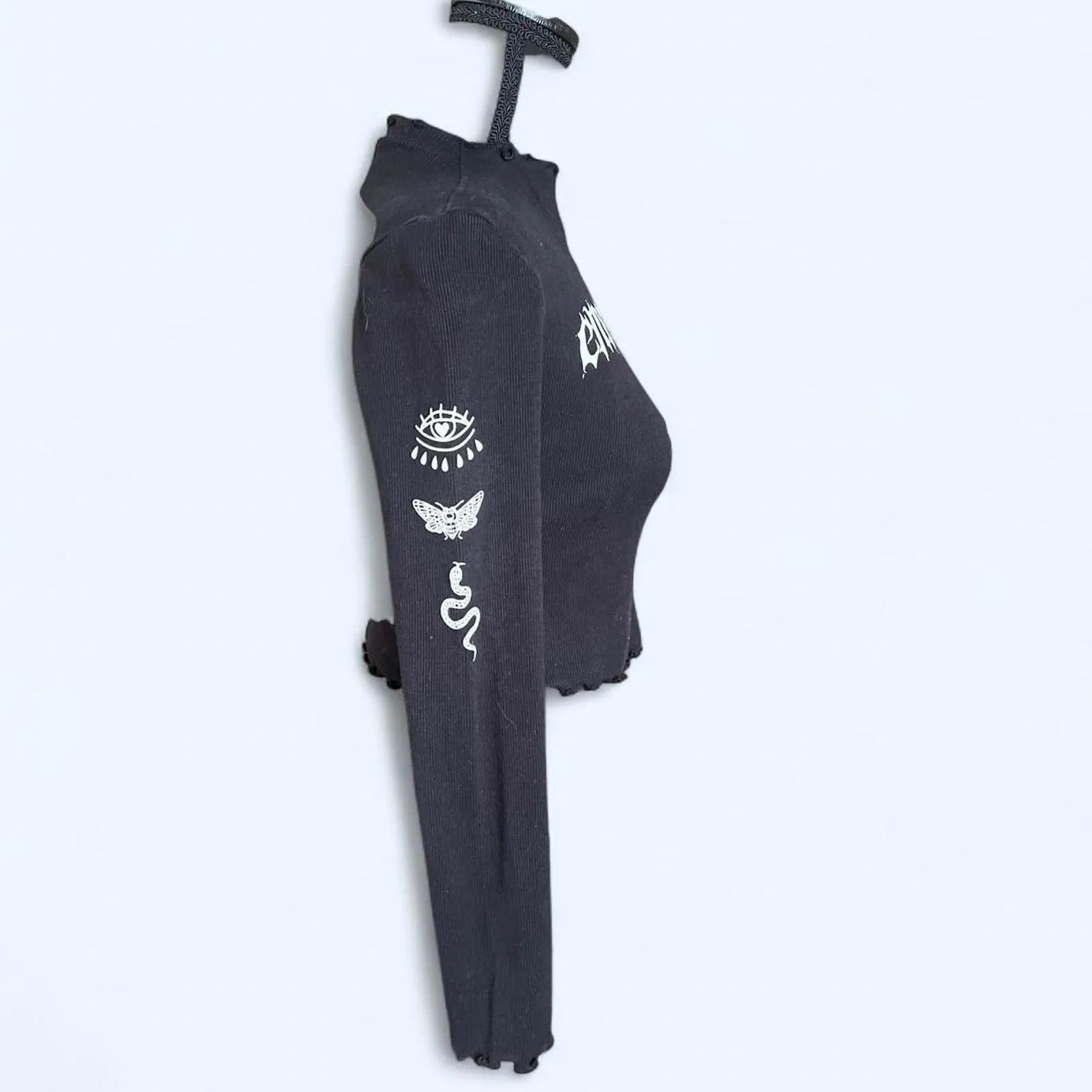 Black goth Emotional long sleeve lettuce trim crop top Size XS - Image 5