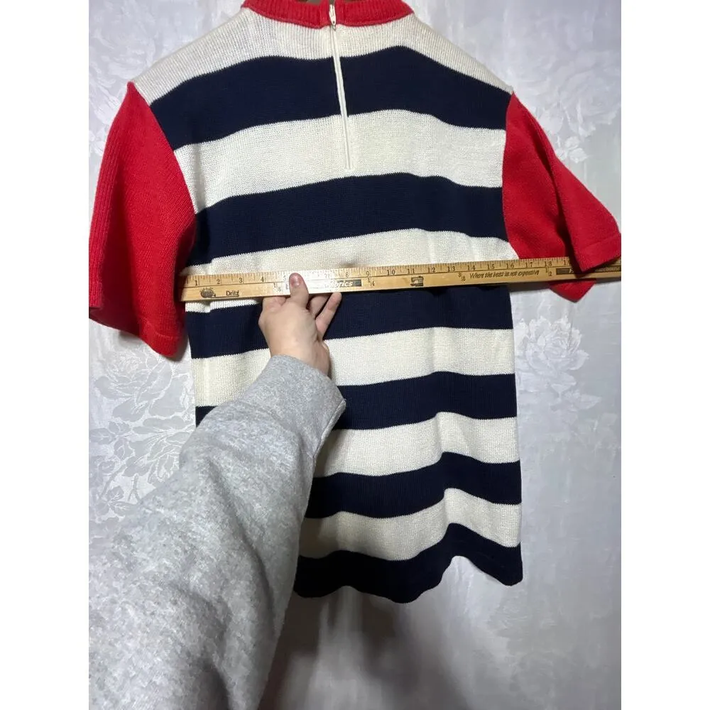 Ami Knits VTG Sweater 8 PETITE Navy White Stripes Short Slv Red Gold Buttons USA Blue - Image 9