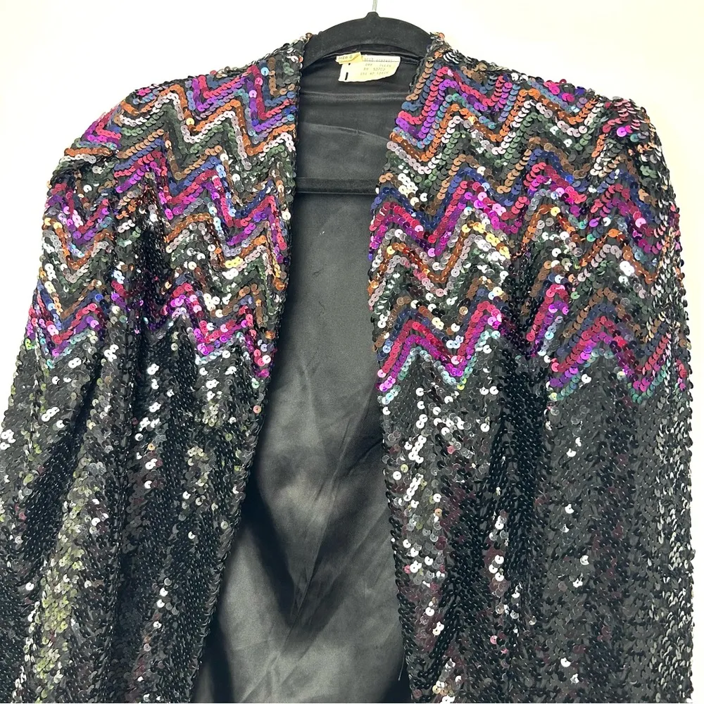Vintage Sequin Blazer Black and Multicolor Zig Zag Design Size 8 - Image 2