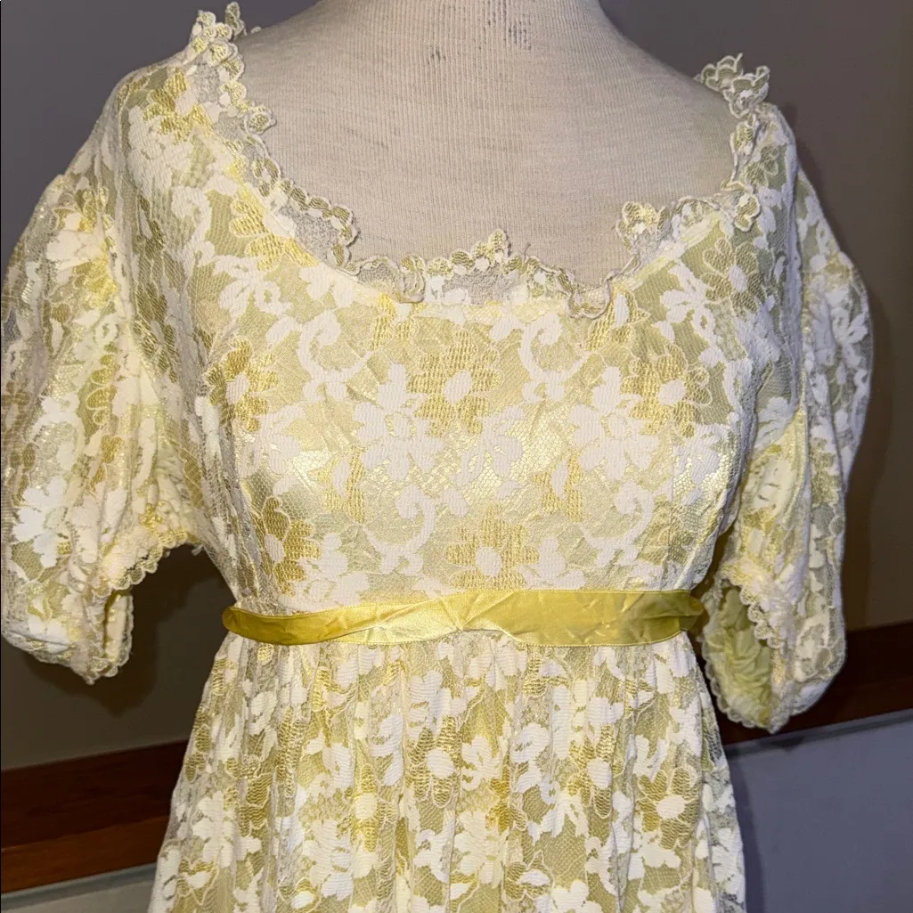 Vintage 1960s Yellow Taffeta Floral Overlay Prom Dress | Puffed Sleeves Gown Size M - Image 3