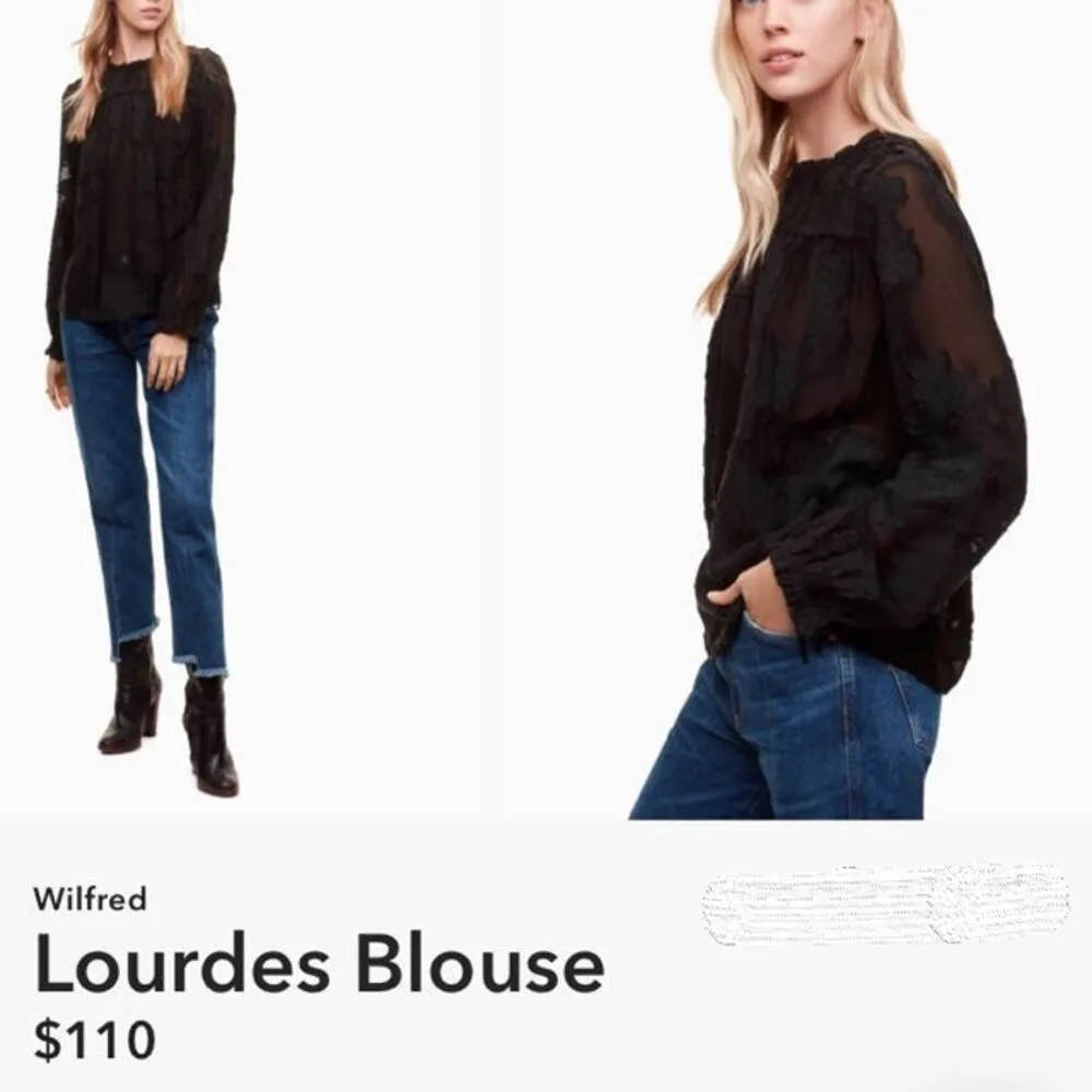 Aritzia Wilfred | XXS | Lourdes Jacquard Silk Blouse Top Sheer Ruffle Neck Black - Image 4