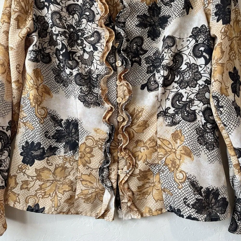 Vtg Y2K‎ Ruffle Sheer Button Up Twee Witchy Floral Boho Career work fairy retro Brown Size 8 - Image 7