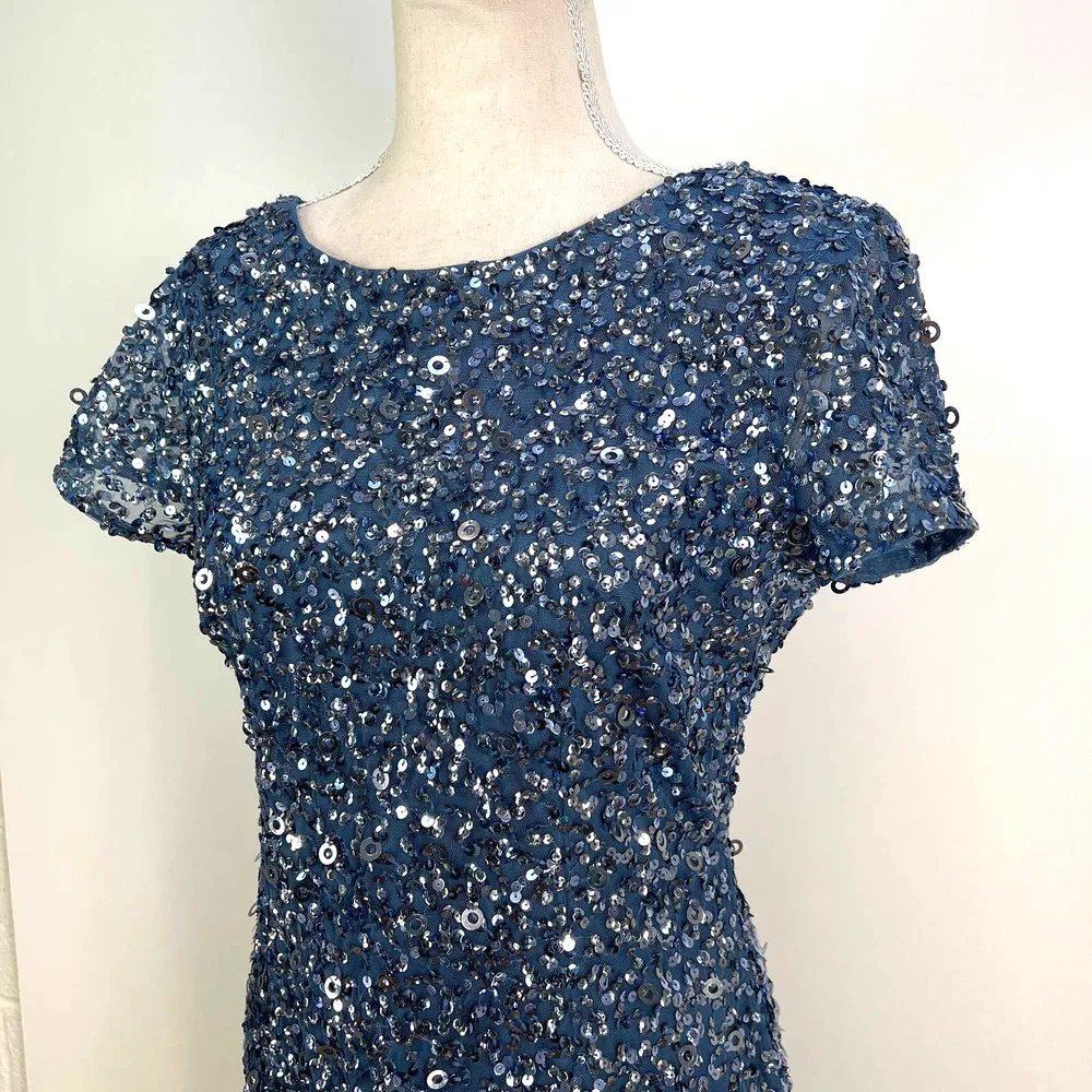 Adrianna Papell Stretch Sequin Blue Silver Mini Dress Cocktail Party New Years - Image 2