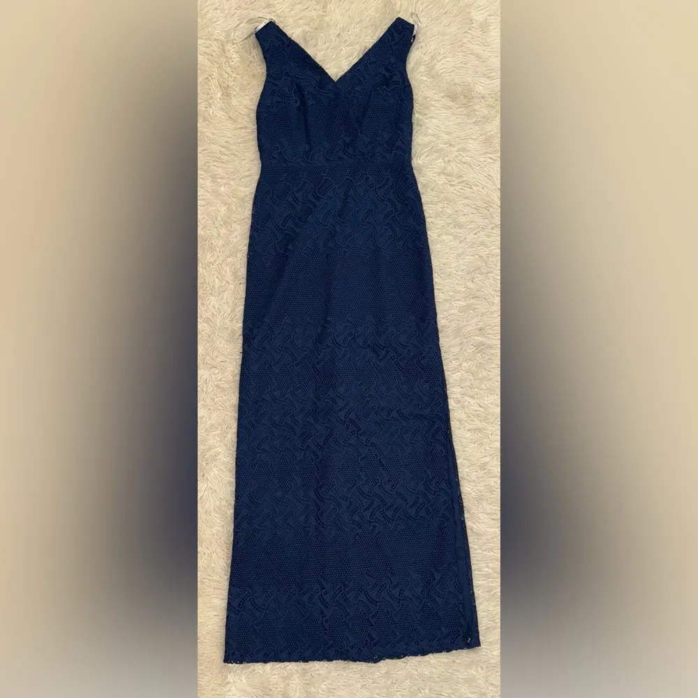 NEW Kay Unger Hendrix Lace V neck Sleeveless Column Gown Blue sz 6 - Image 4