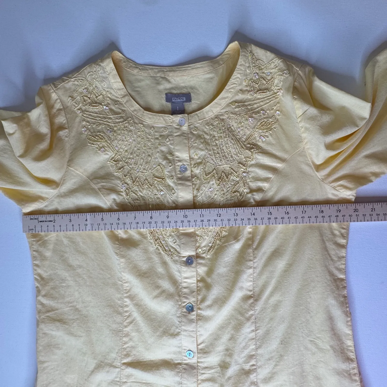 Chicos Embroidered Sequin Button Up Shirt Sz 1 (M) Butter Yellow Coastal Cowgirl - Image 9