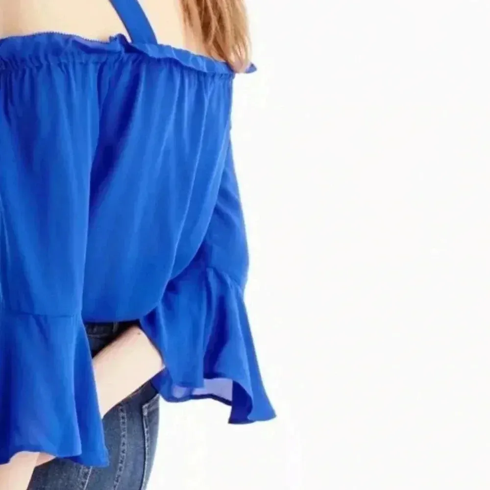 J Crew Women Cold-shoulder top with bell sleeves Size 2 Sapphire Blue - Image 2