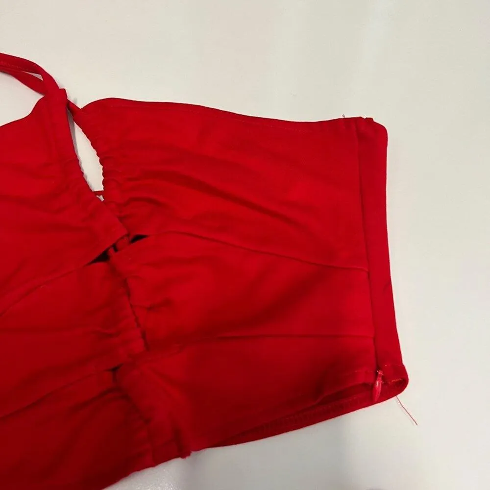 Beginning Boutique Alexis Ruched Cut Out Mini Skirt and Halter Top in Red - Image 8
