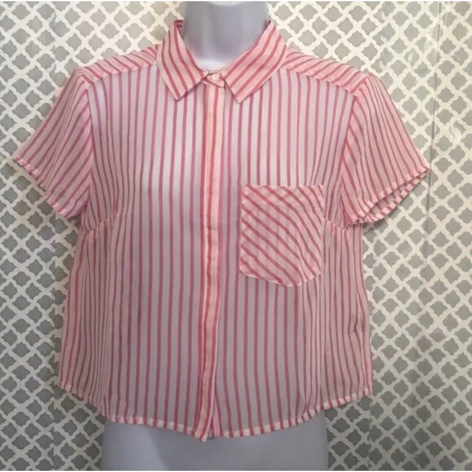 Timing Hot Pink Sheer Striped Button Down Crop Top‎ Junior Size S Women’s - Image 2