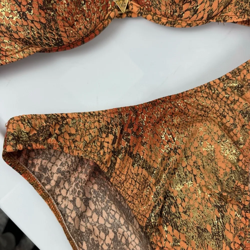Vtg Venus Womens Orange Gold Metallic Snakeskin Bikini Set Sz A Cup Large - Image 11