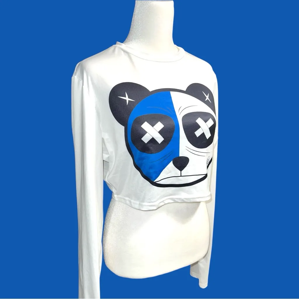 White and Blue Panda Graphic Crop Top Size L - Image 2