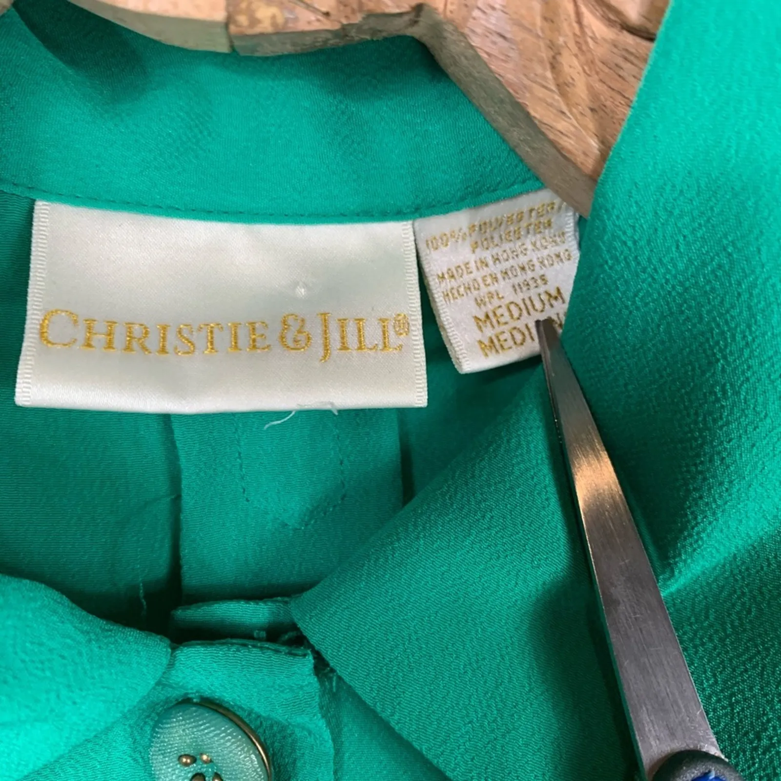 Vintage Green Round Collar Blouse Big Button Small Medium - Image 8