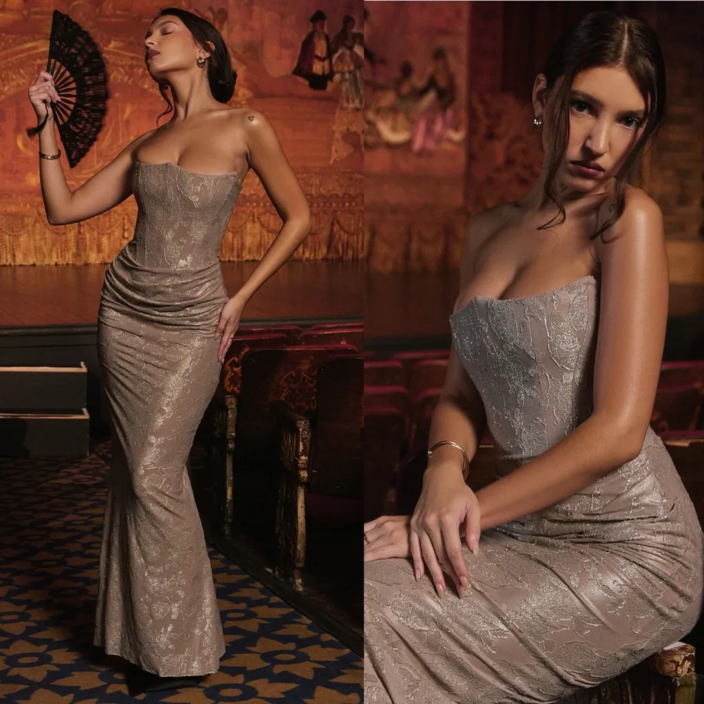 House of CB Persephone Pale Gold Chiffon Mesh Strapless Corset Maxi Dress XS A-C - Image 2