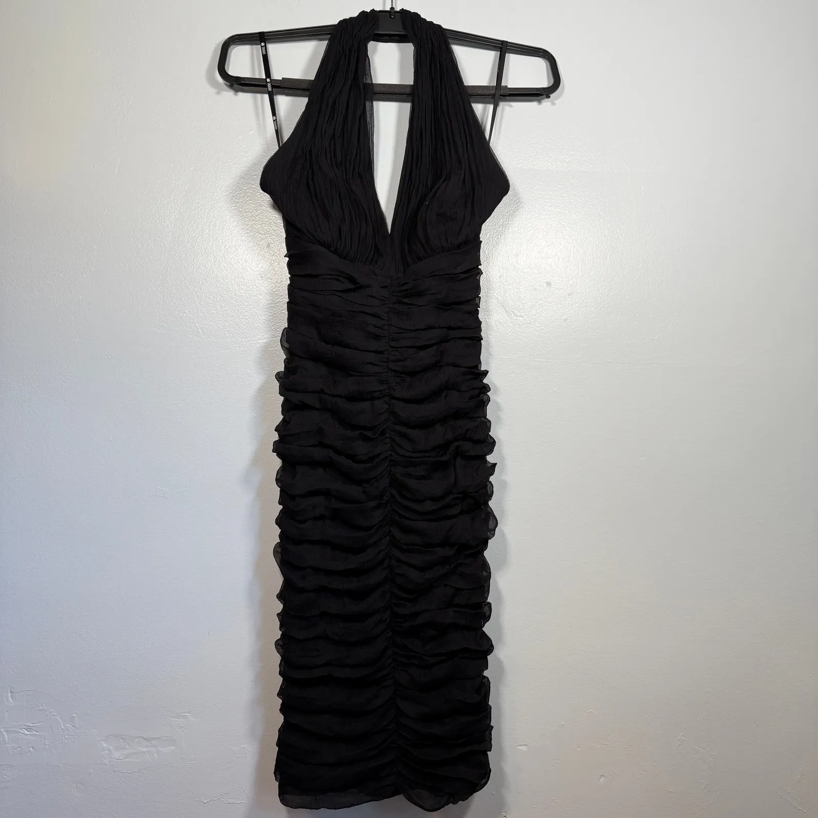 Vintage 90s Tadashi Silk Ruched Halter Dress Black Bodycon Midi Cocktail Formal - Image 2