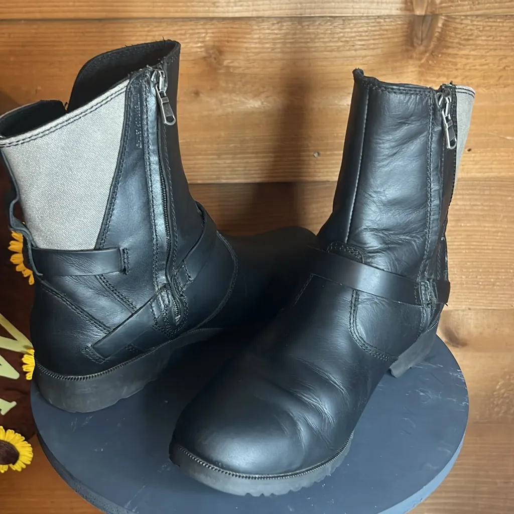 Teva De La Vina Black Leather Canvas Zip Buckle Mid Calf Boots Moto Waterproof - Image 6