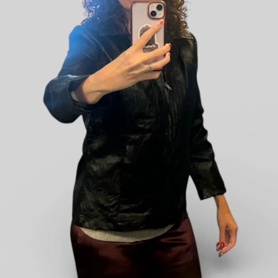 Vintage Y2k genuine textured black leather zip up moto jacket unisex biker Size undefined - Image 9