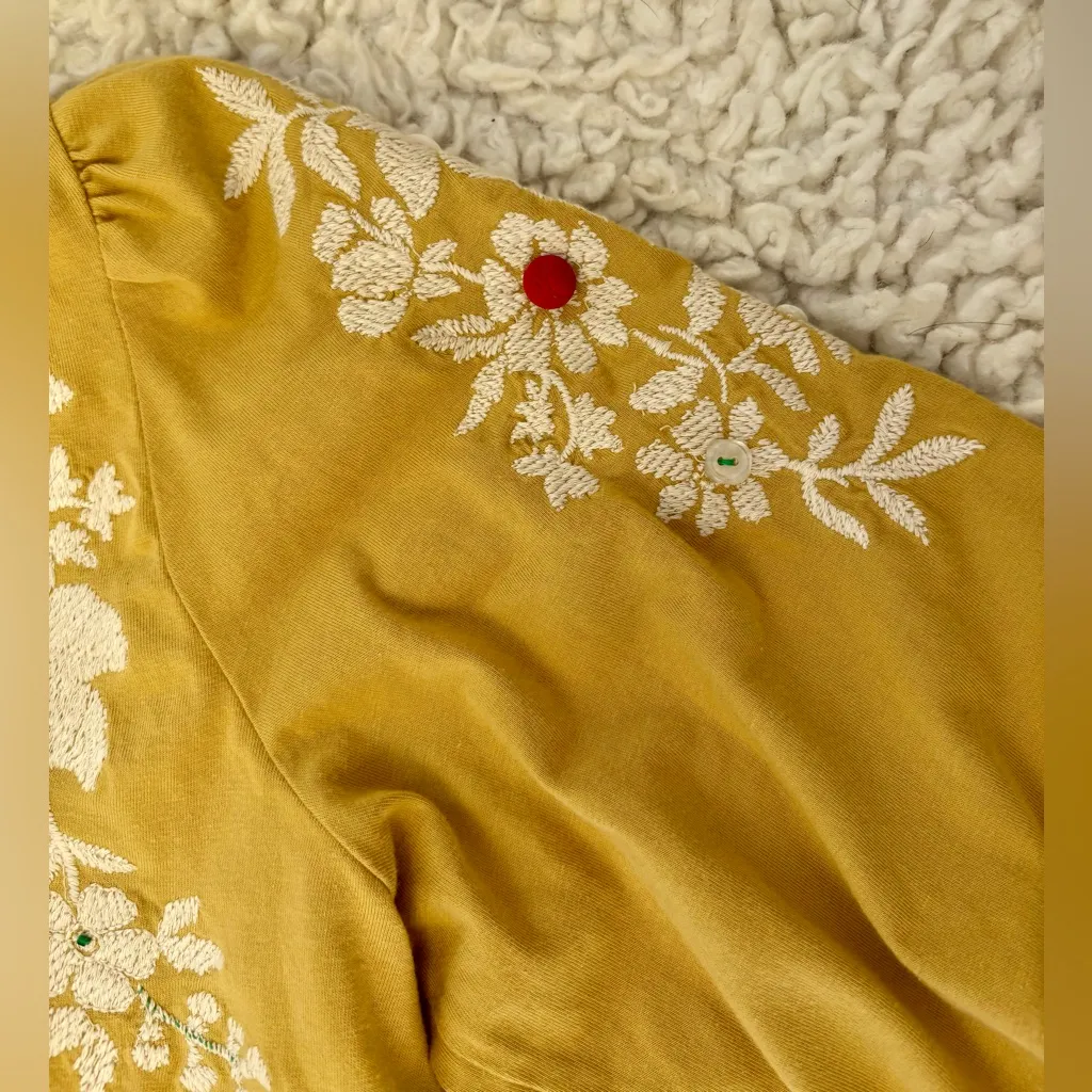 J. JILL Mustard Yellow Boho Embroidered Puff 3/4 Sleeve Vintage Button Top Small - Image 6