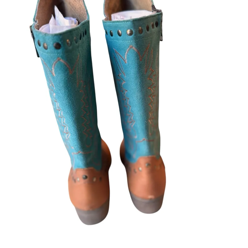 Matisse Tumbleweed Western Cowgirl Boots Turquoise Cognac Leather Studded 9.5EE Blue Size 9.5 - Image 6